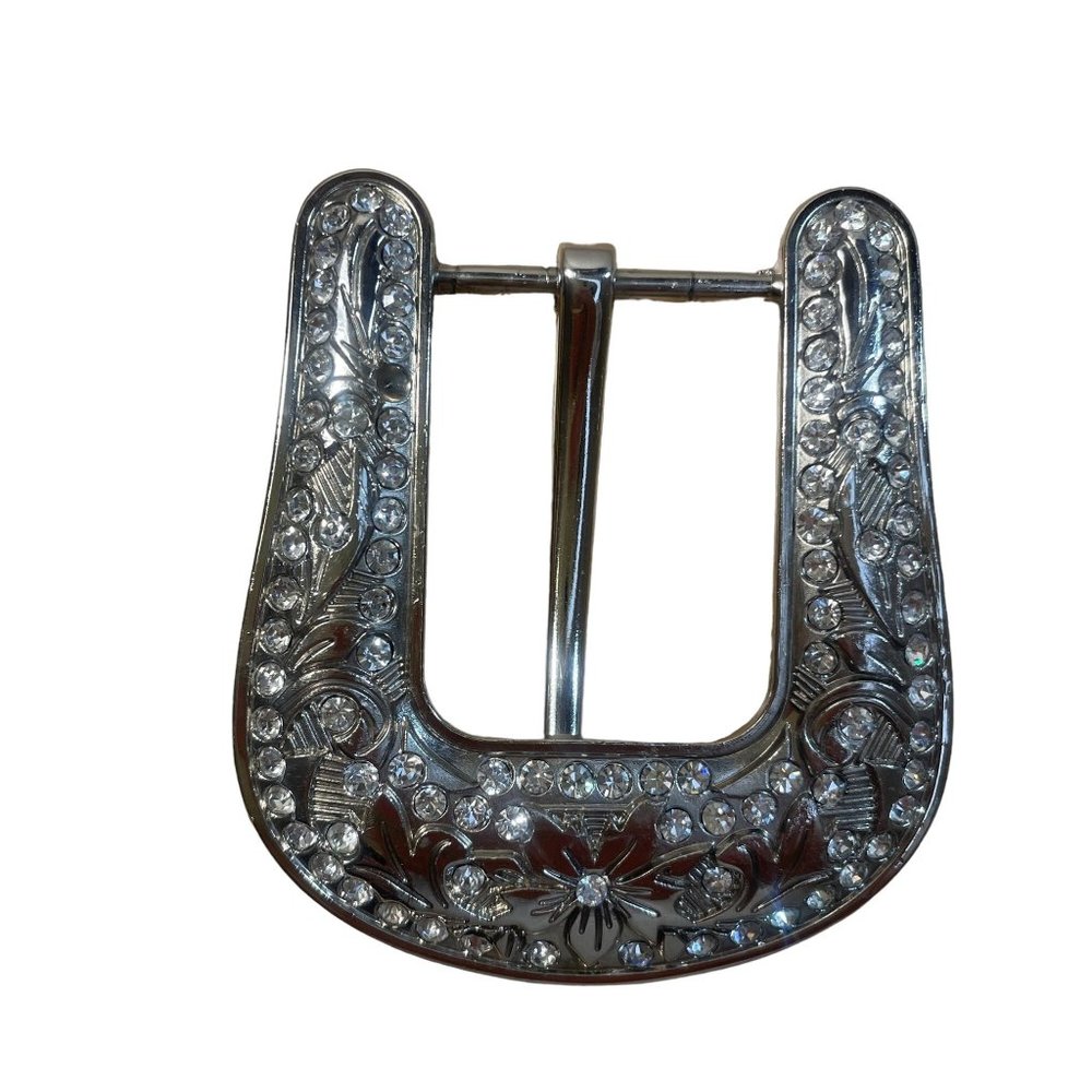 Silver Engraved Floral and Rhinestone Belt Buckle Bling